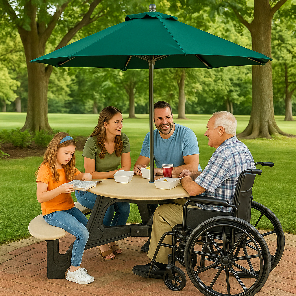 family around shaded table